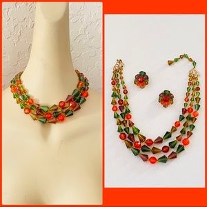 Vintage German Multicolor Earrings & Necklace Set